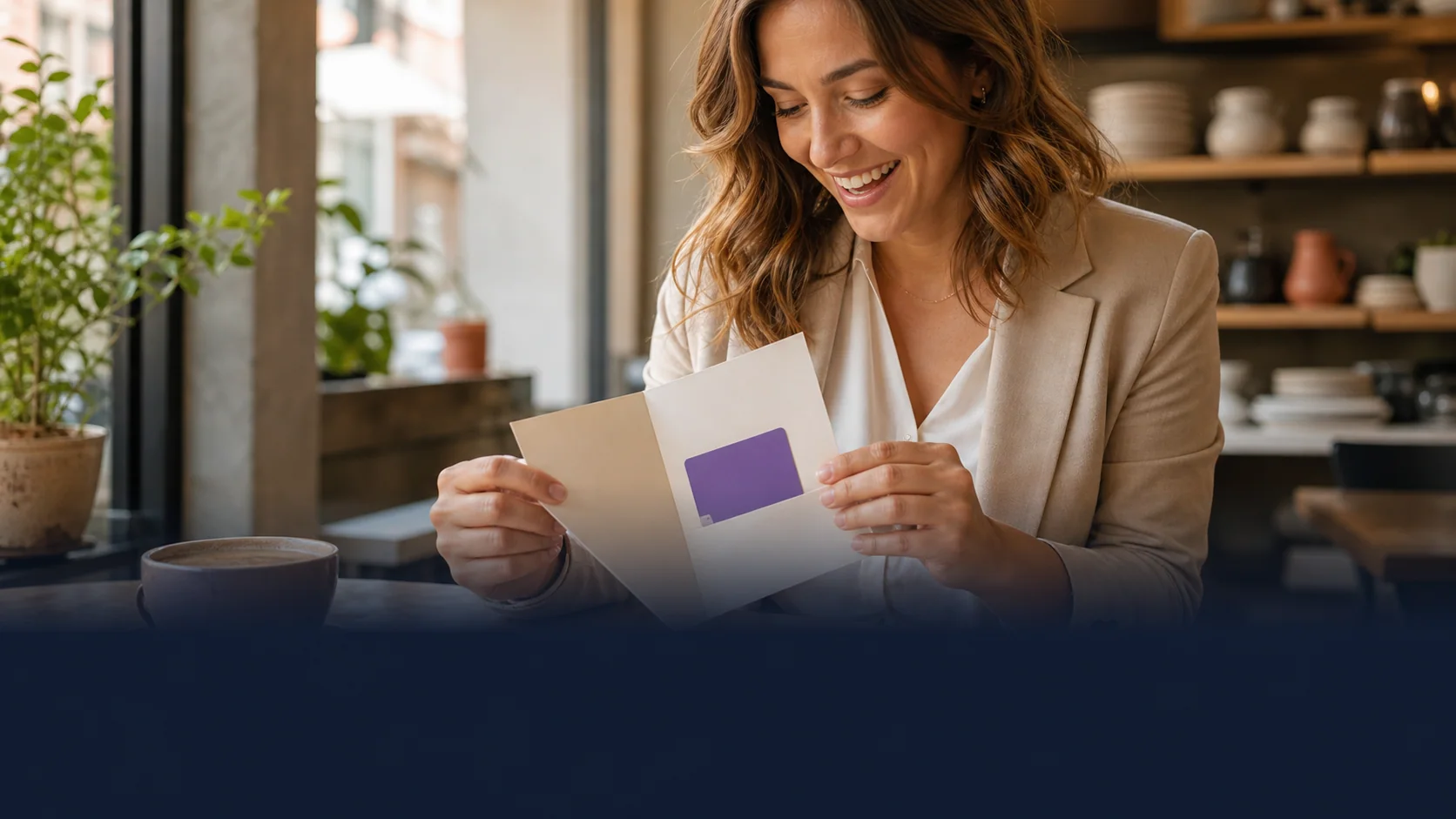A customer opening a thank-you card